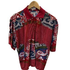 Vintage Mondo Di Marco Men's Polo Shirt Rayon Red Batik Large 52 Italy